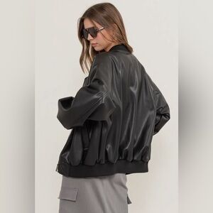 Oversized Black Faux Leather Bomber Jacket